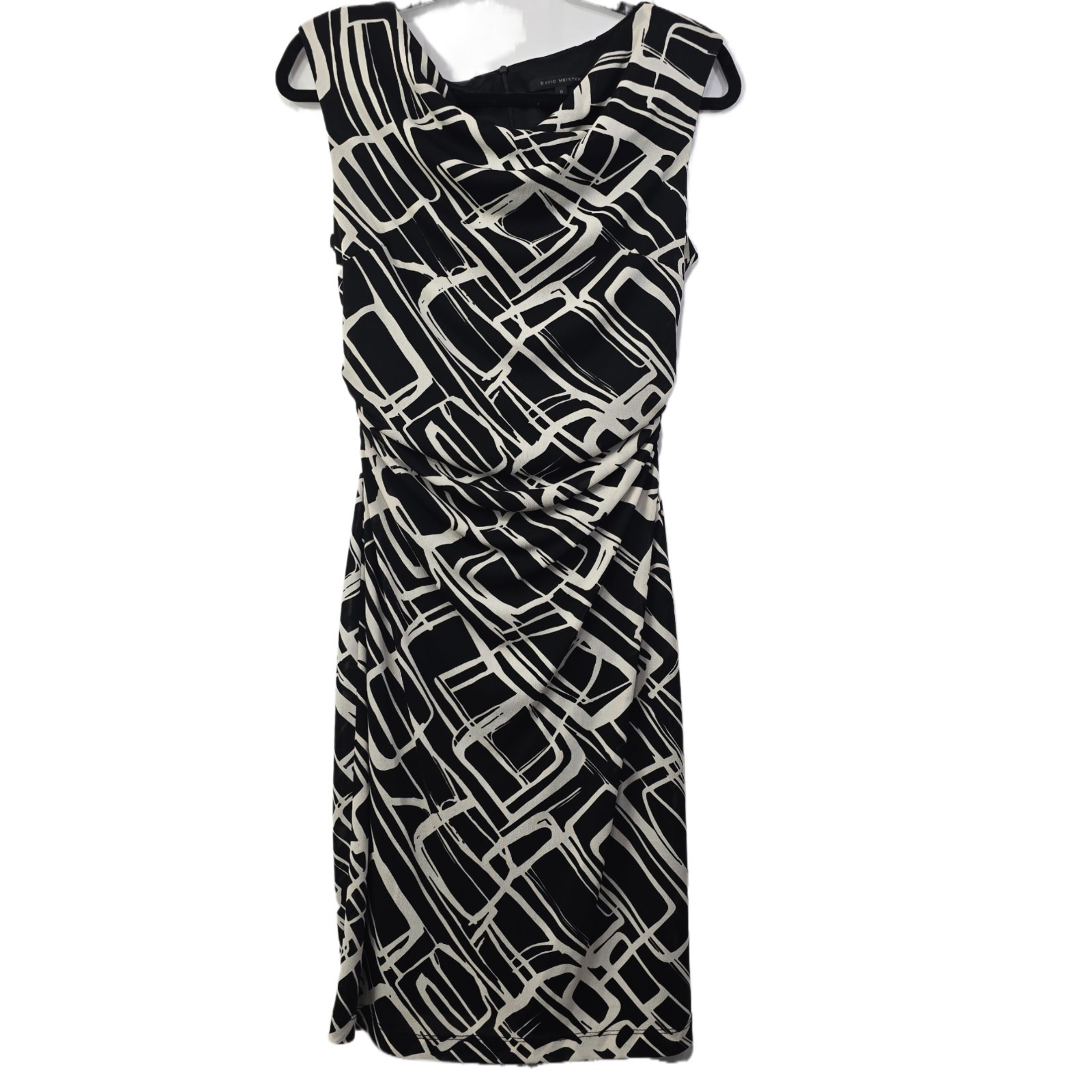 David Meister Women's Black White Abstract Midi Dress Size 8 Made in USA