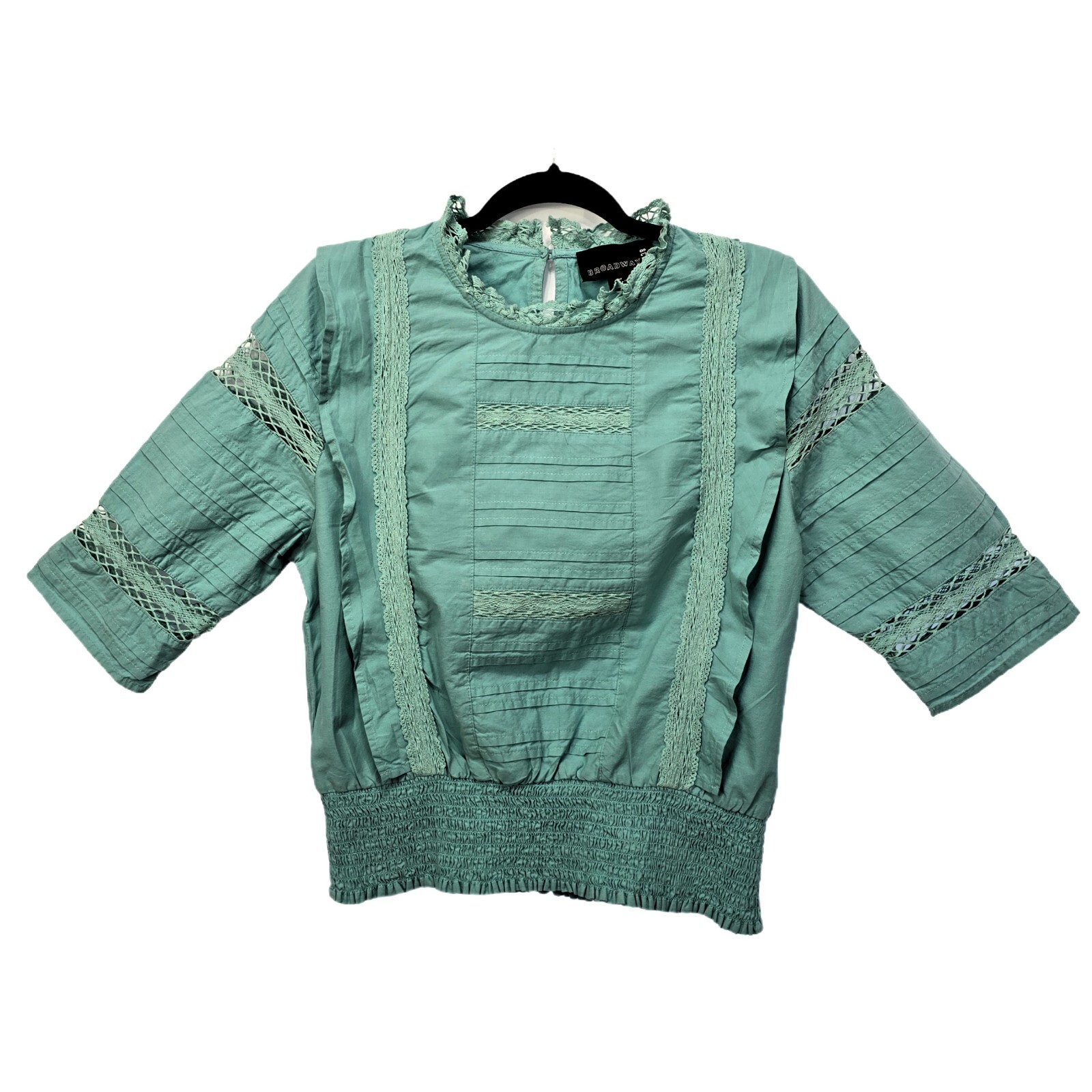 Broadway 38 High Neck Smocked Lace Blouse – Teal Blue – Women's Size M