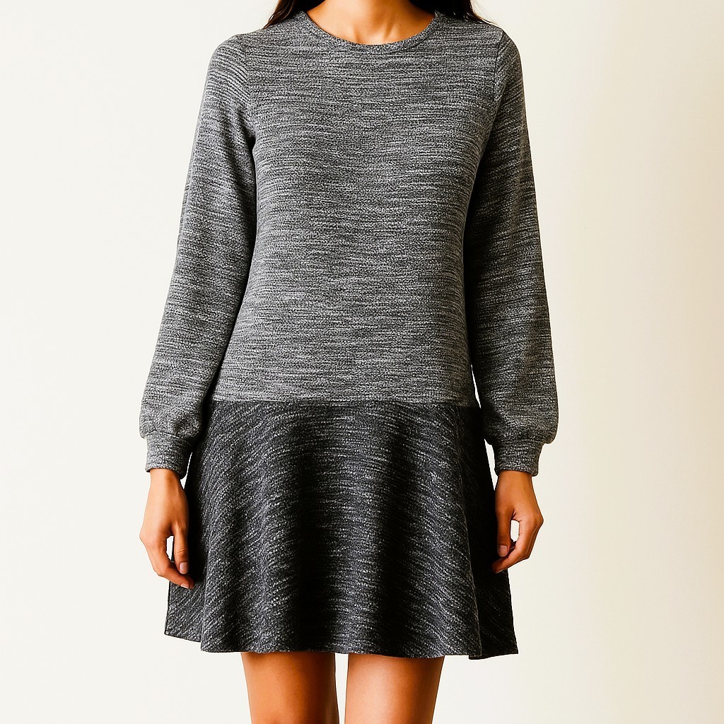 LOFT Women's Metallic Gray Sweater Dress, Medium, Balloon Sleeve, Fit & Flare
