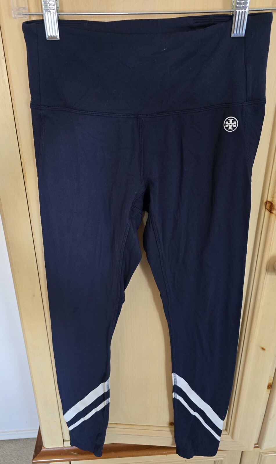 Tory Sport Chevron Leggings – Luxe Navy with White Stripes, Iconic Style, Size S