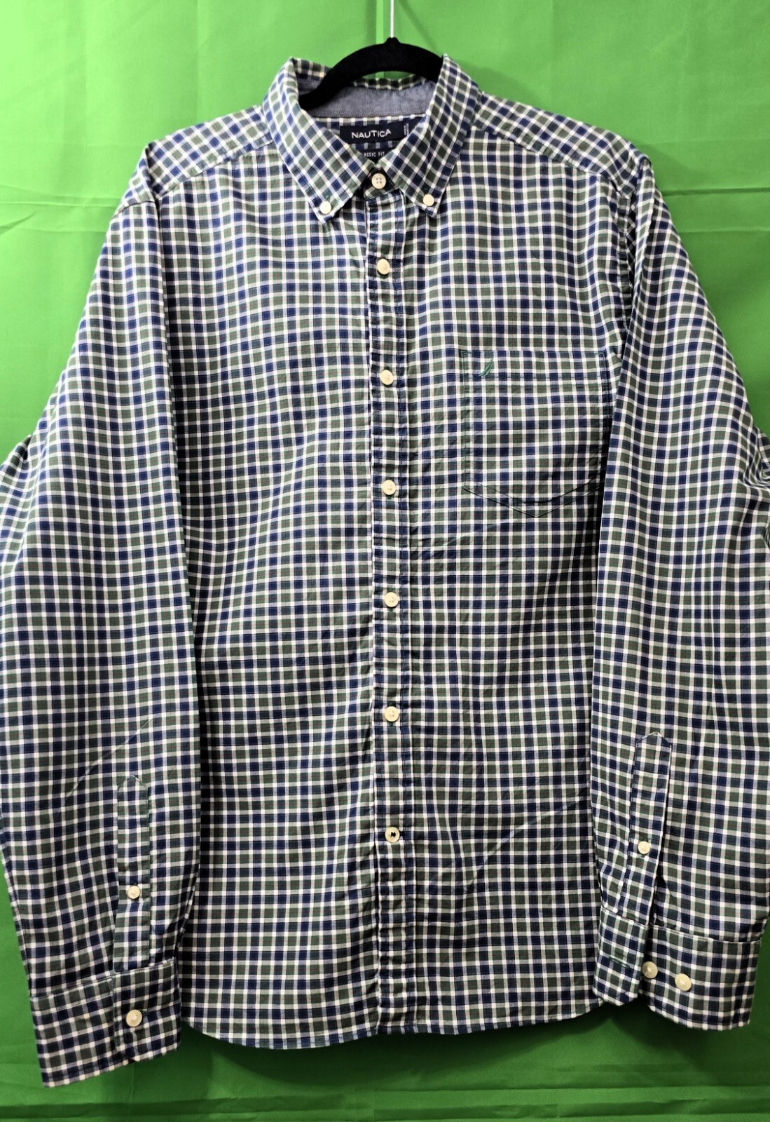 NAUTICA Mens Blue/Green Plaid Dress Shirt - Size L - Long Sleeve