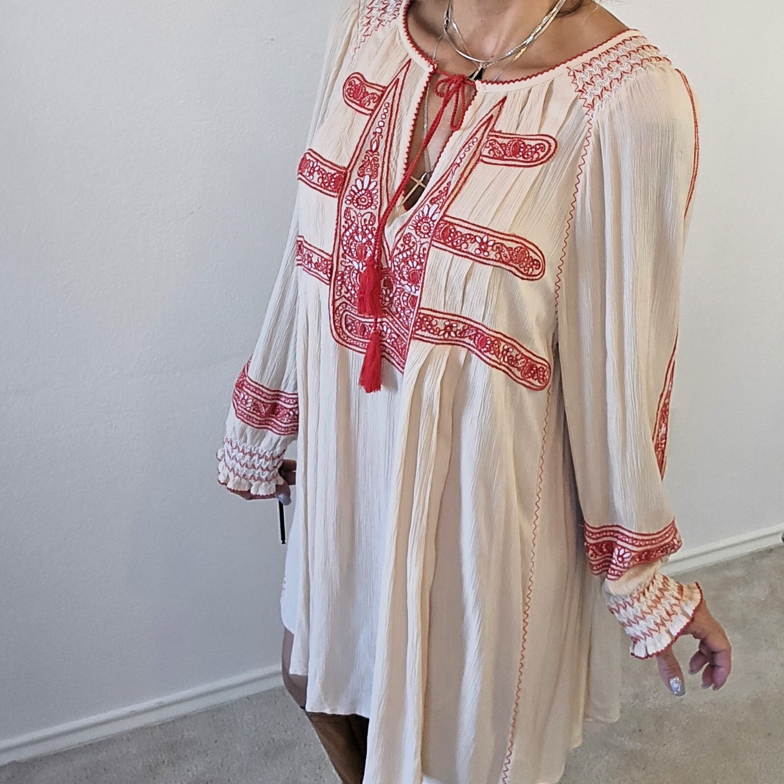 Free People Wind Willow Mini Peasant Dress for Women – Size L, Ivory and Red