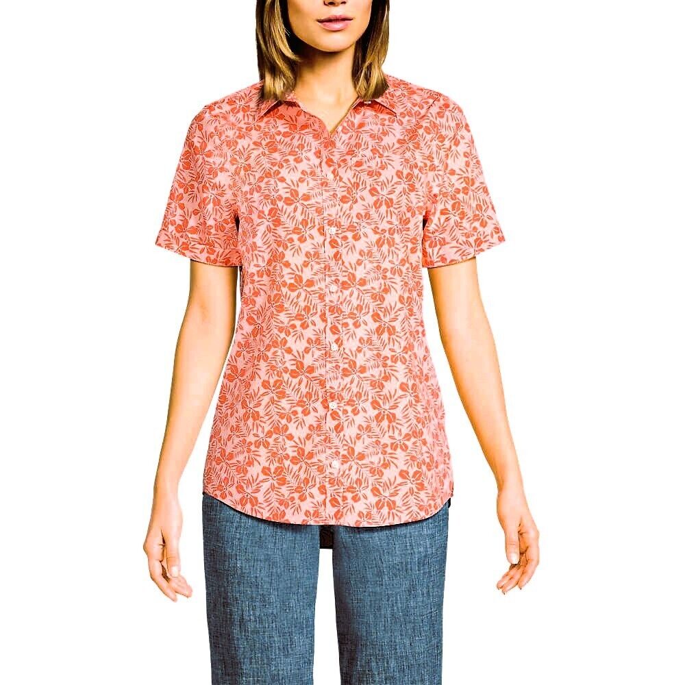 Lands’ End Women’s Wrinkle-Free No-Iron Shirt – Size S, Crisp Peach Fern Floral