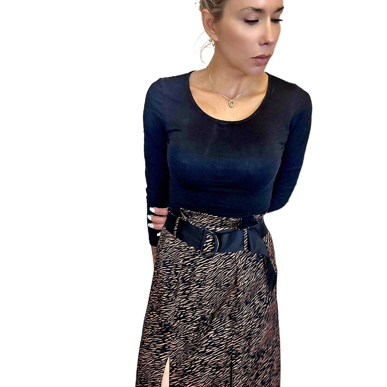 ZARA Animal Print Midi Skirt with Belt - Size XS – Flowy Black & Brown
