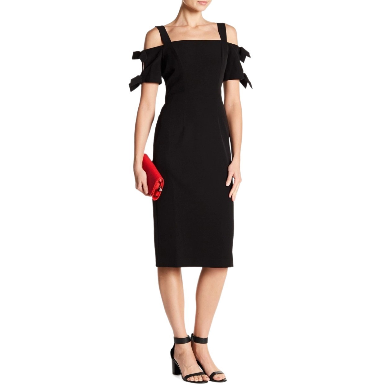 Maggy London Women’s Black Cold Shoulder Midi Sheath Cocktail Evening Dress Sz 2