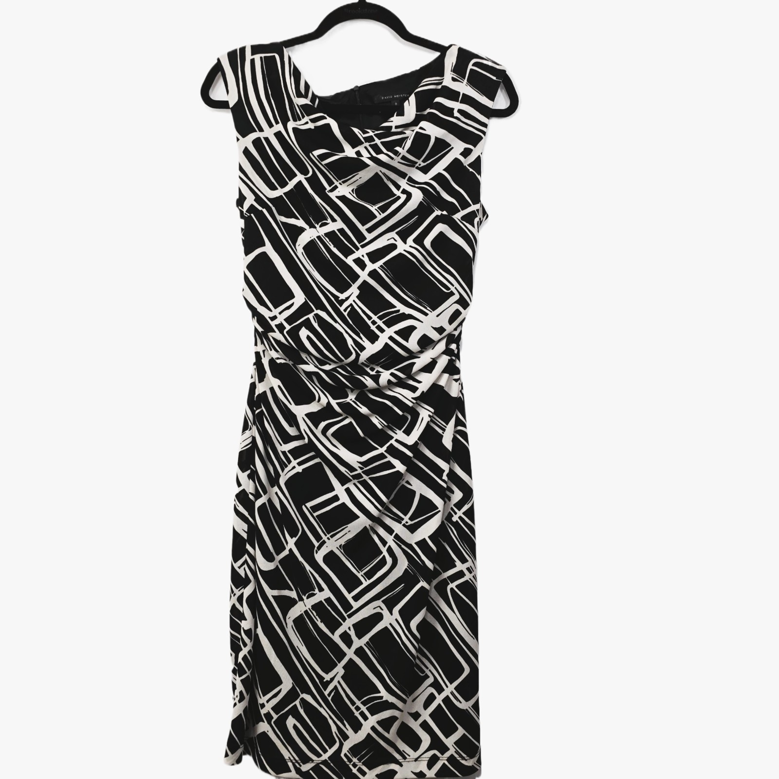 David Meister Women's Black White Abstract Midi Dress Size 8 Made in USA