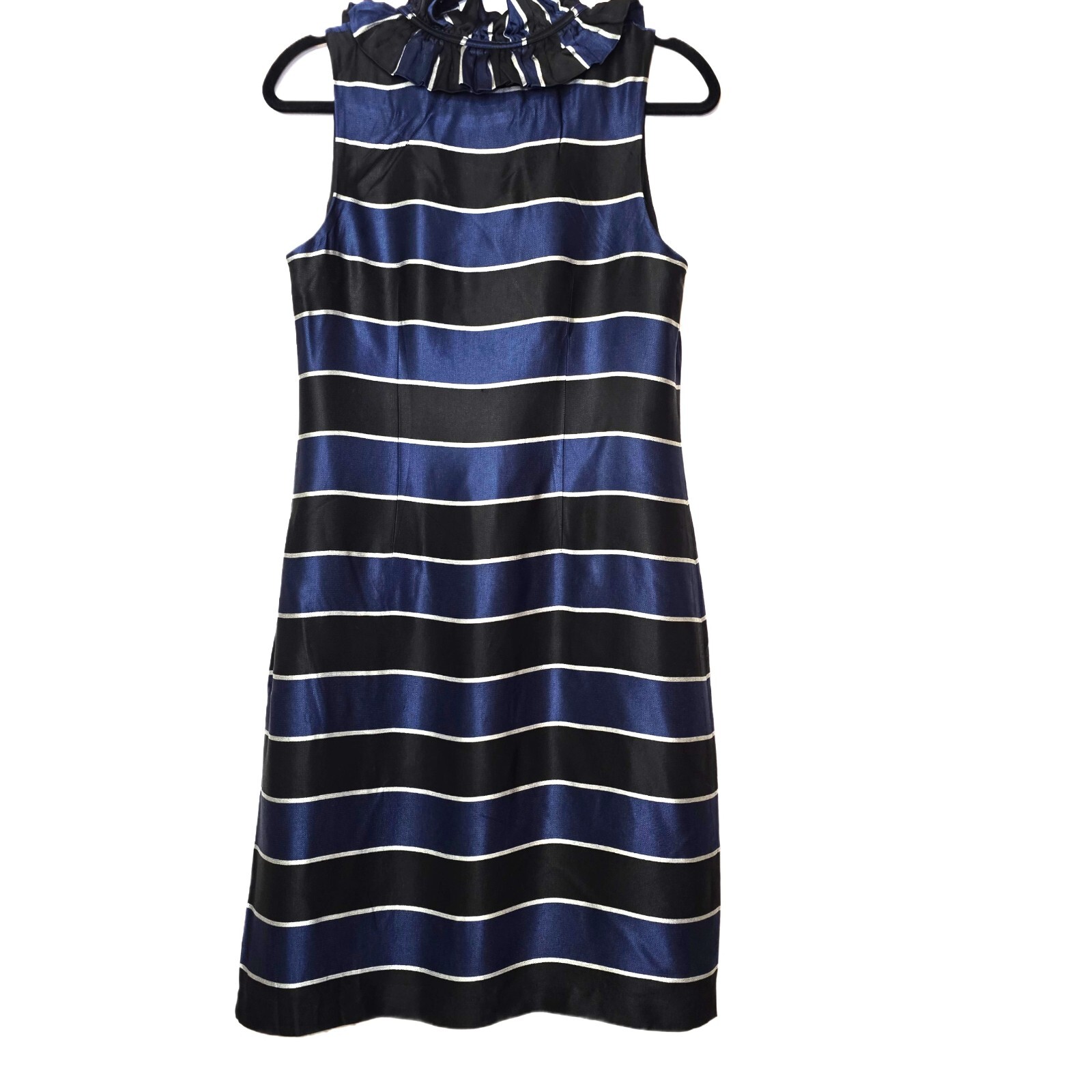 Banana Republic Women’s Size 6 Striped Shift Dress Navy Black Ruffle Neck Sleeve
