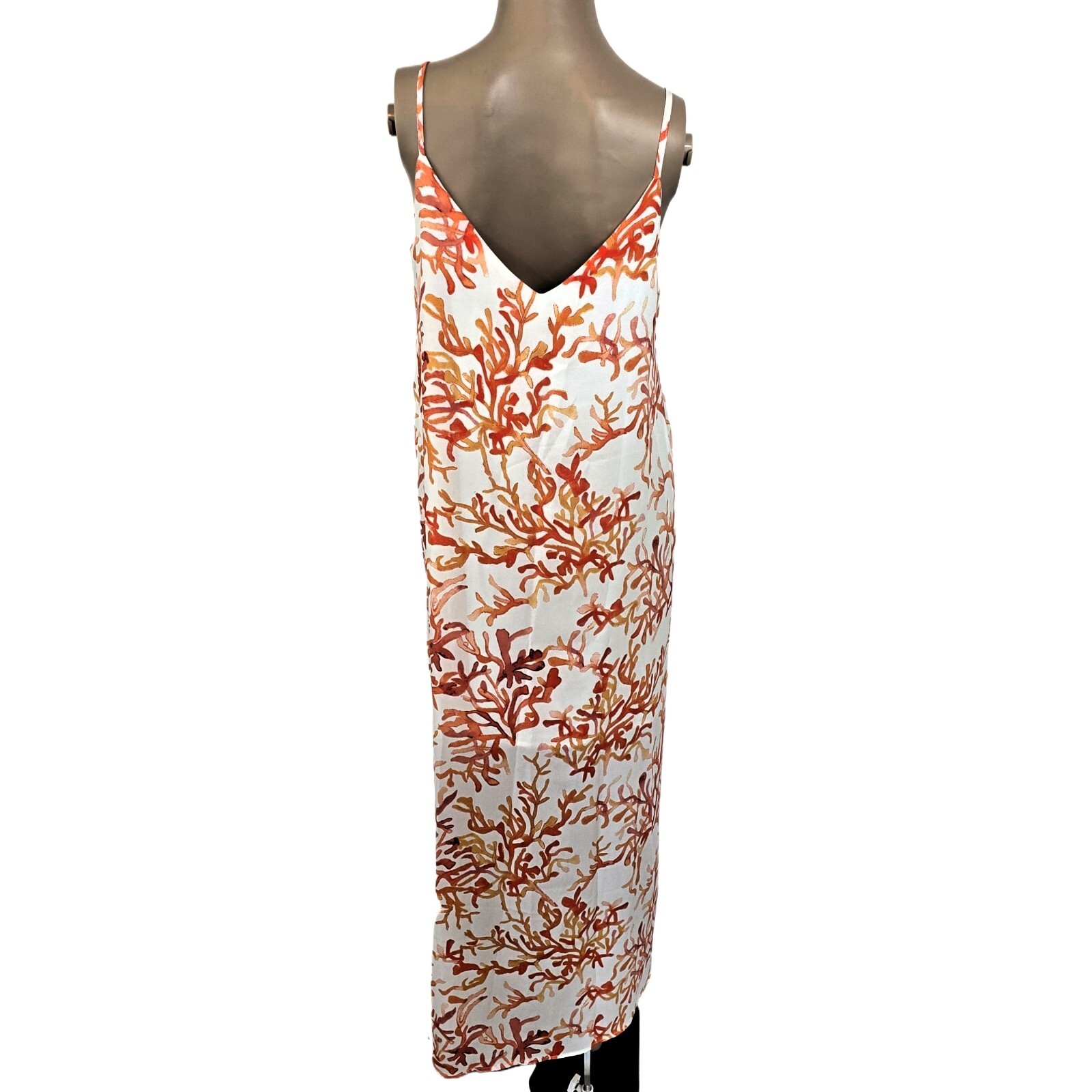 C&E Women's S Maxi Summer Dress Coral Print White Slit Lined Lightweight