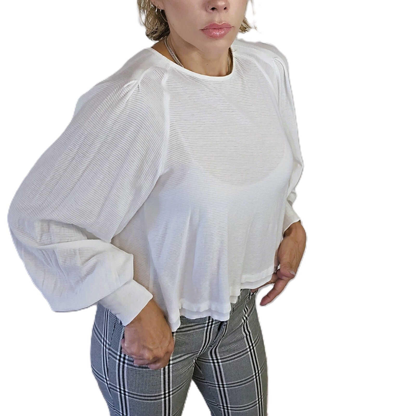 Free People Long-Sleeve Ivory Top - Size XS, Relaxed Fit with Balloon Sleeves