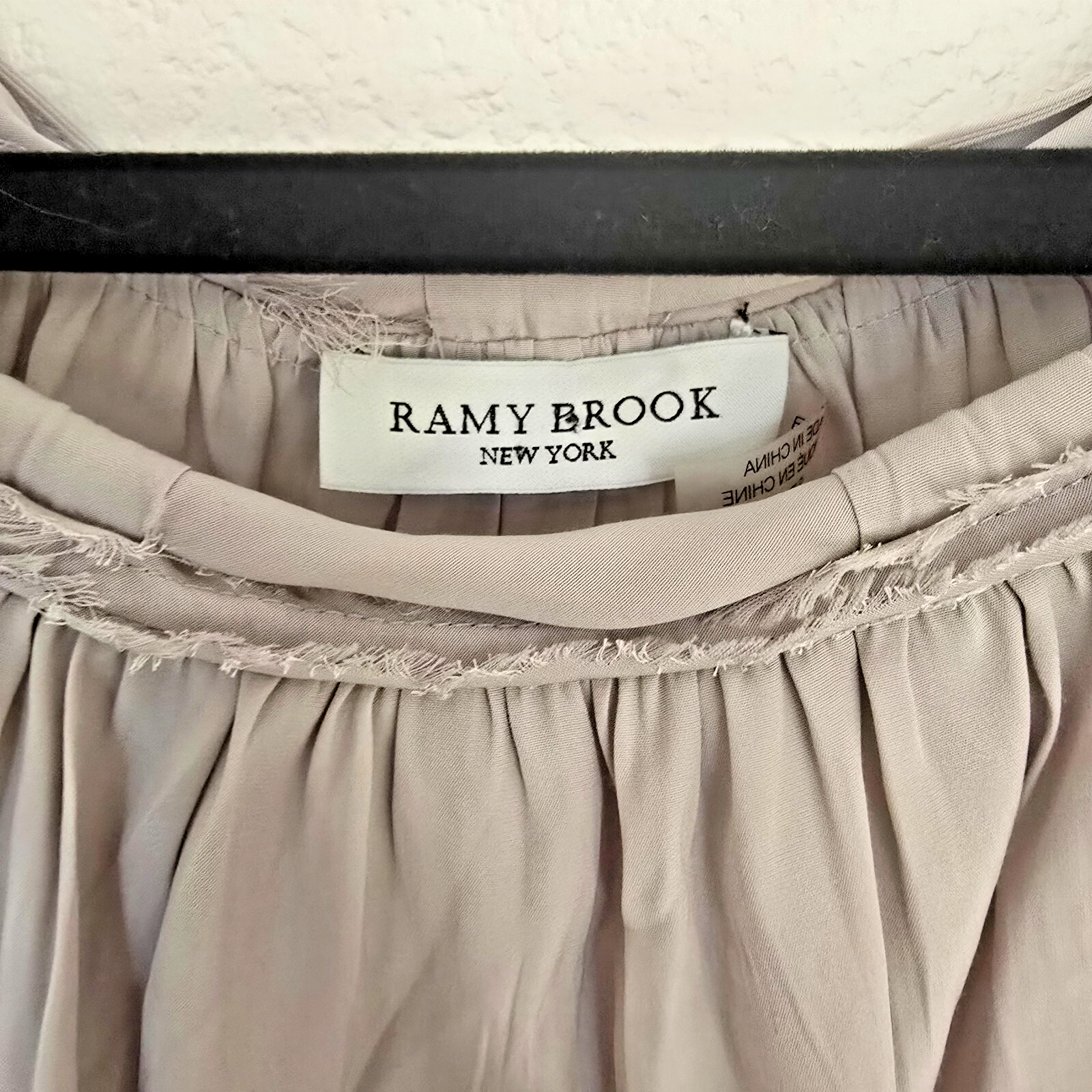 Ramy Brook “Audrey” Gray Smocked Waist Frayed Neck Blouson Midi Dress S