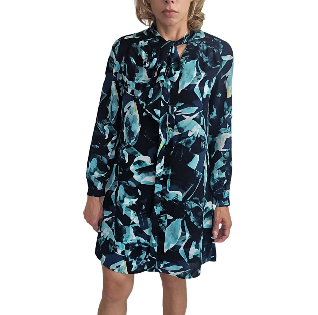 Cupio Tie Neck Abstract Dress Size S Long Sleeve Lined Blue Shift Style