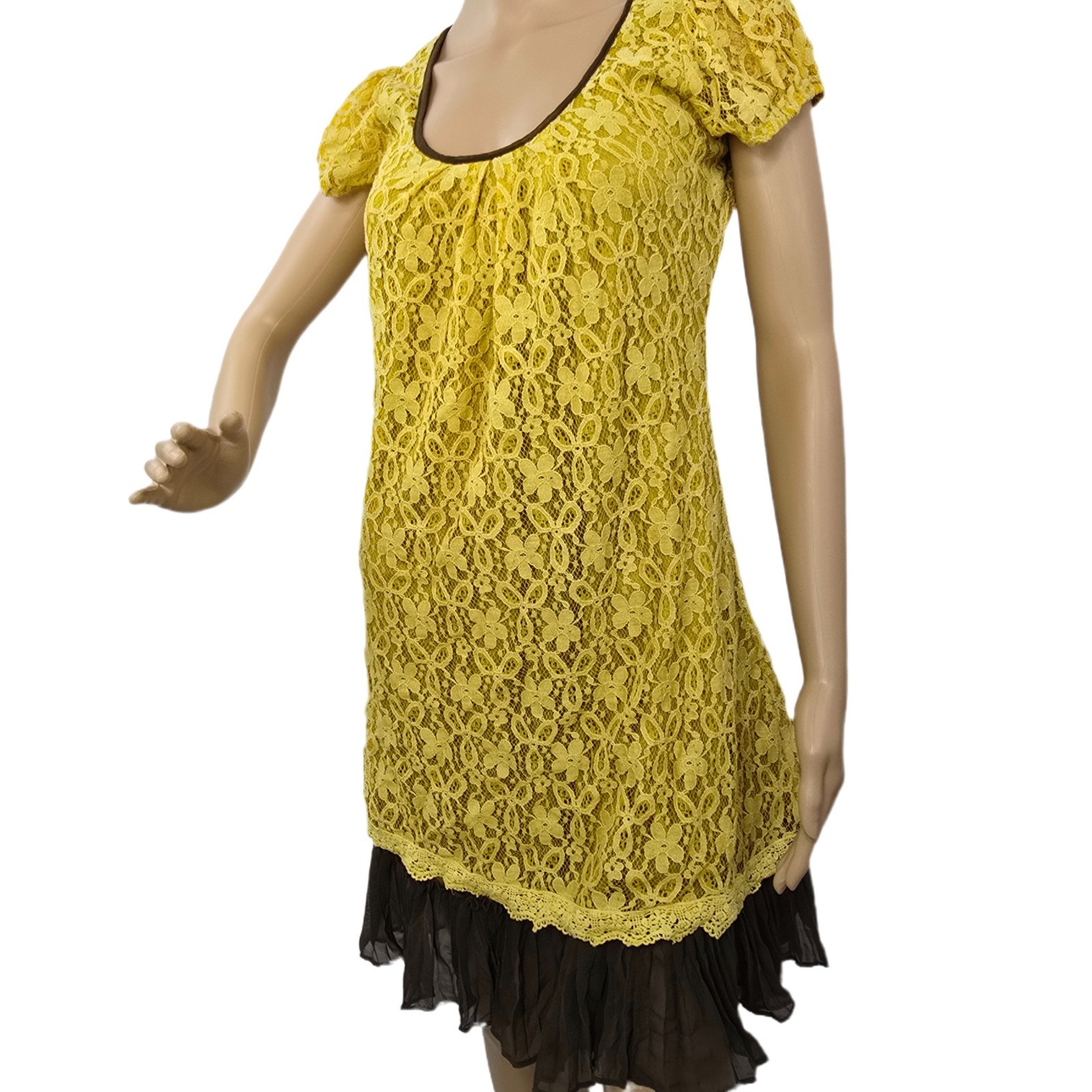 A’Reve Yellow Lace Dress Women’s Size S Romantic Boho with Ruffle Hem