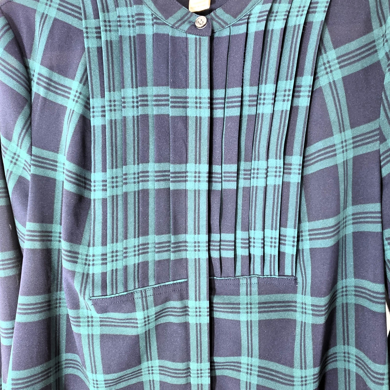 J.Crew Factory Women’s Navy Green Plaid Pleated Front Button Down Shirt Size S