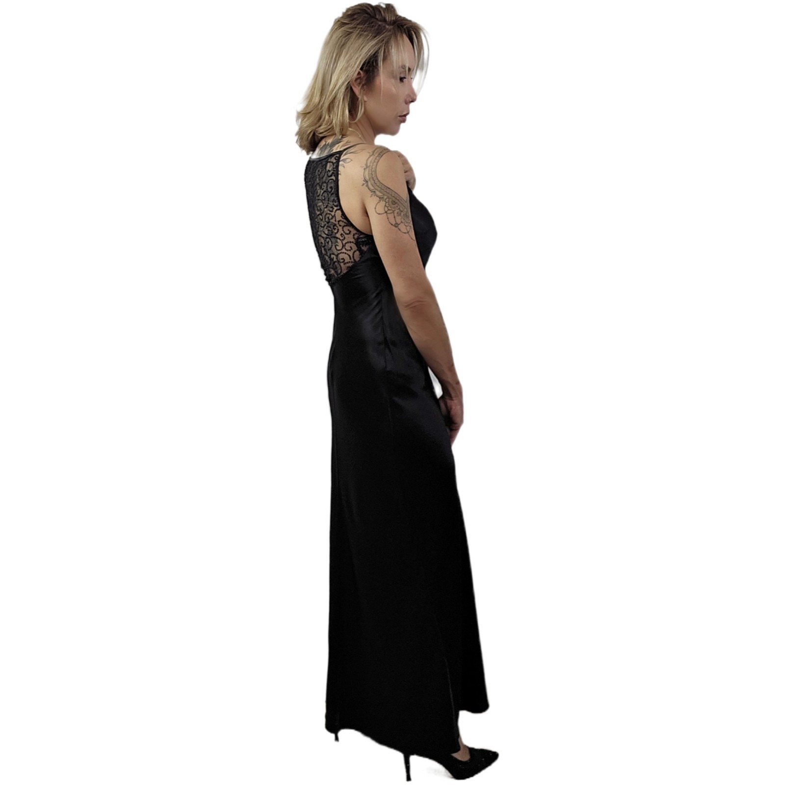 Roberta Vintage 1990s Black Satin Slip Dress Gown 5/6 Beaded Sheer Back
