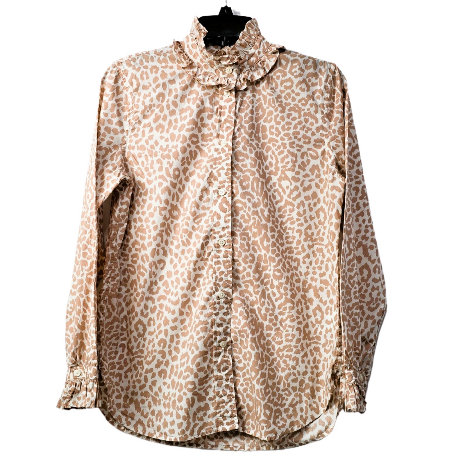 J Crew Women’s Classic-Fit Leopard Print Ruffle Neck & Cuff Shirt Blouse Sz 2