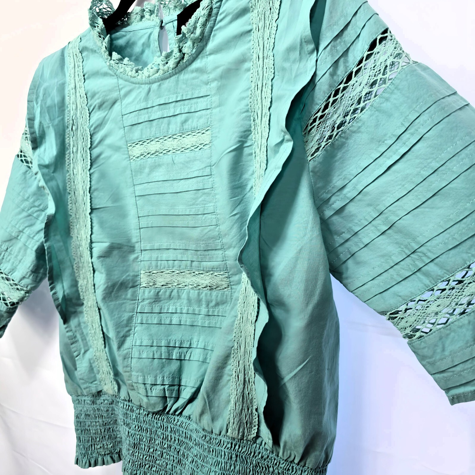 Broadway 38 High Neck Smocked Lace Blouse – Teal Blue – Women's Size M
