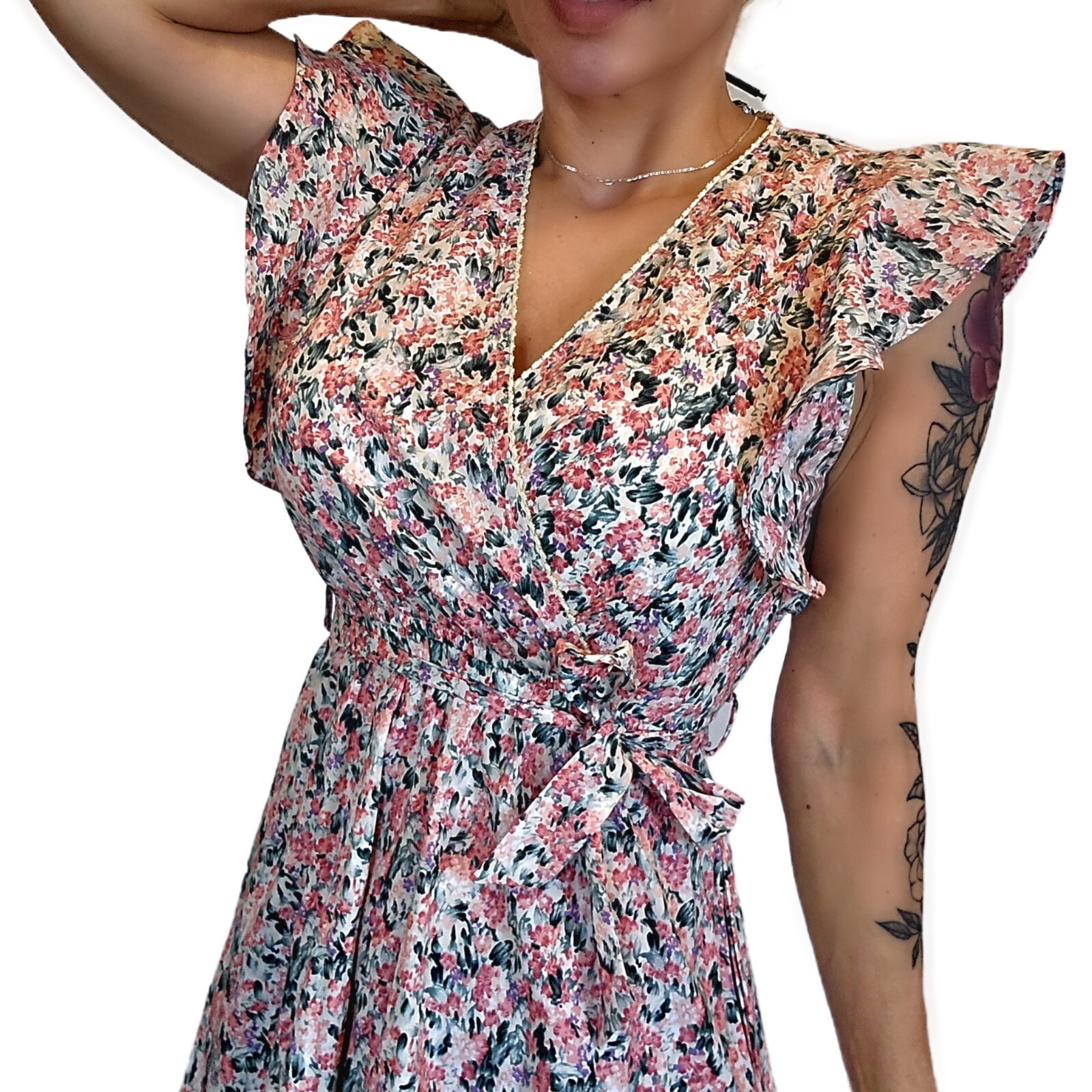 Meisie Spain S Floral Boho Dress 100% Cotton Ruffle Sleeves w/ Pockets