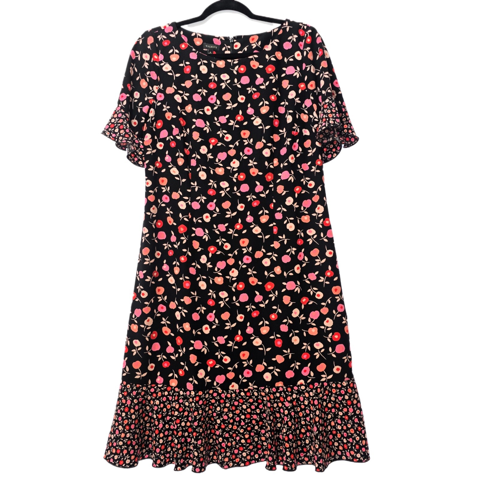 Talbots Women’s Floral Jewel Neck Shift Dress – Black with Ruffle Hem | Size 6