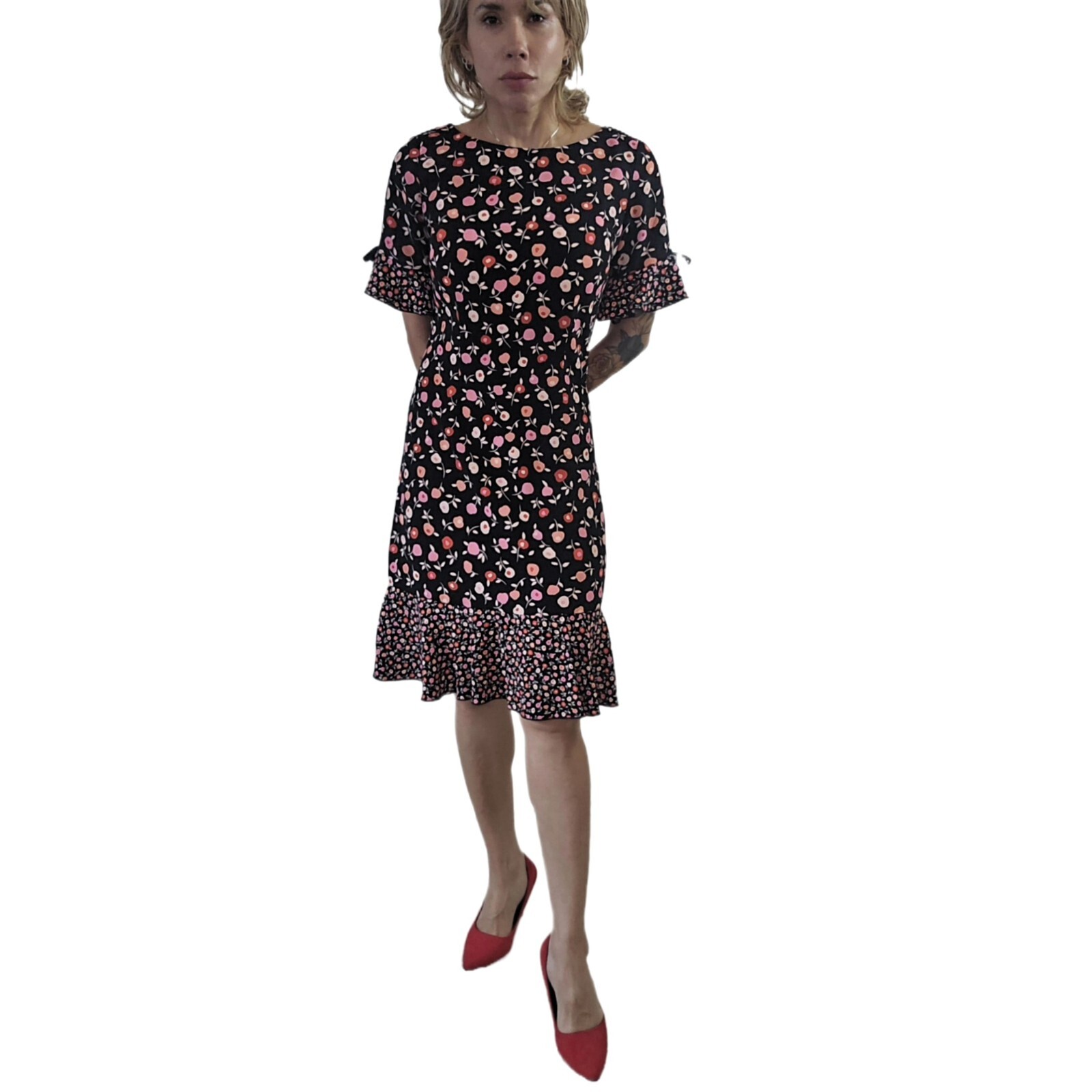 Talbots Women’s Floral Jewel Neck Shift Dress – Black with Ruffle Hem | Size 6