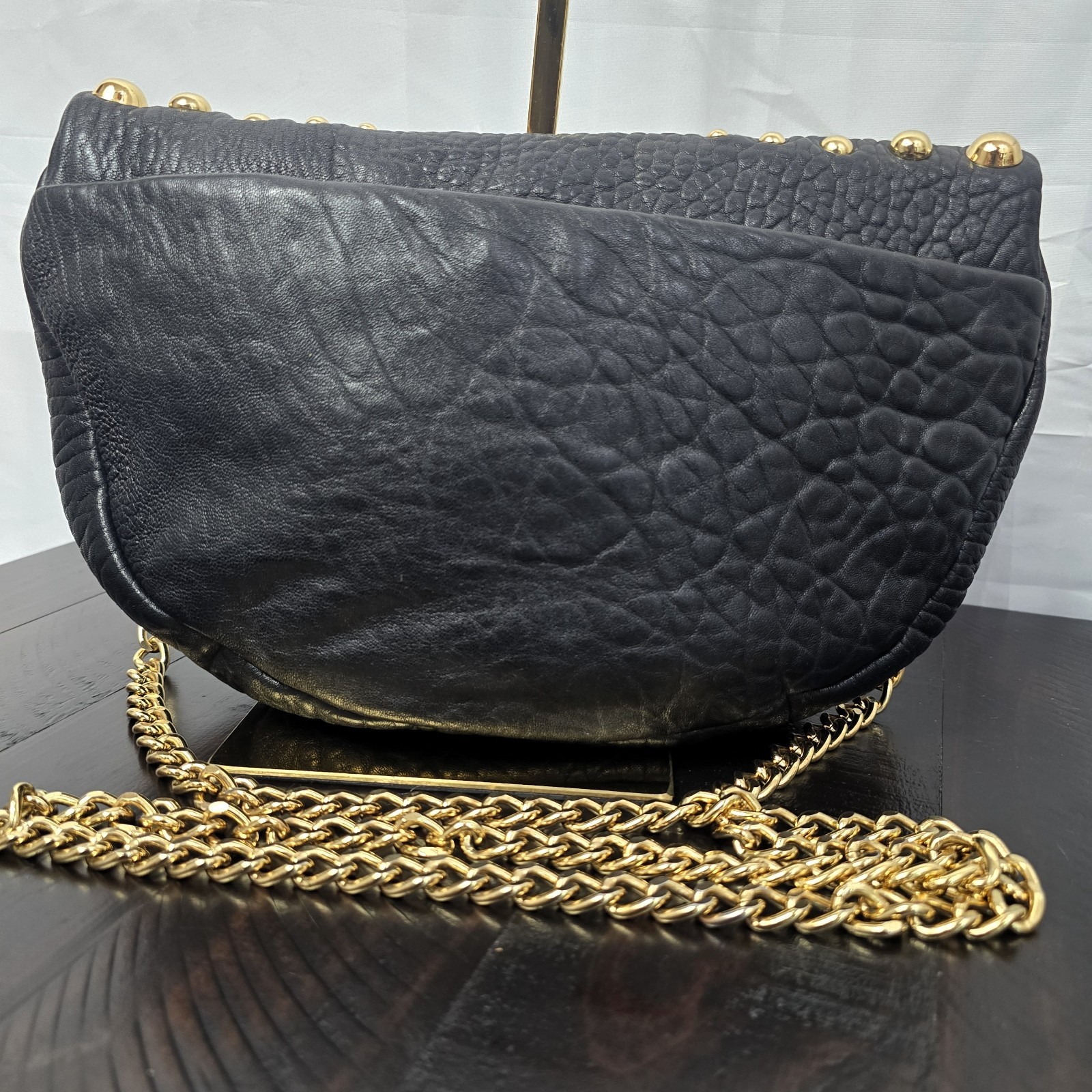Badgley Mischka Black Leather Studded Crossbody Bag Chain Strap - Used