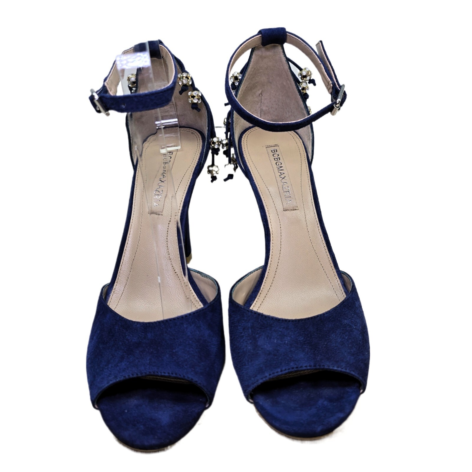 BCBG MAXAZRIA Women’s Size 8 Suede Heeled Sandals with Rhinestone Accents