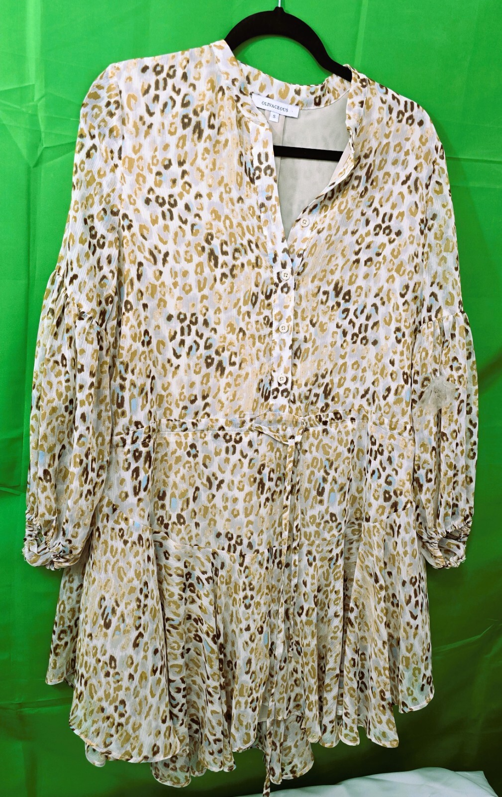 Olivaceous Women's Long Sleeve Dress (Size S): Leopard Printed Tunic V-Neck Mini