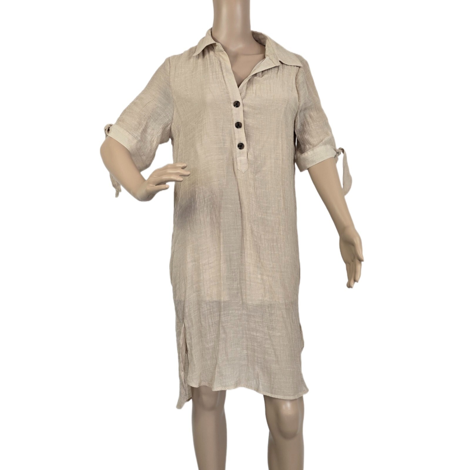 Indigo Rose Women's M Beige Shirt Dress Lined Button-Up Lightweight Boho