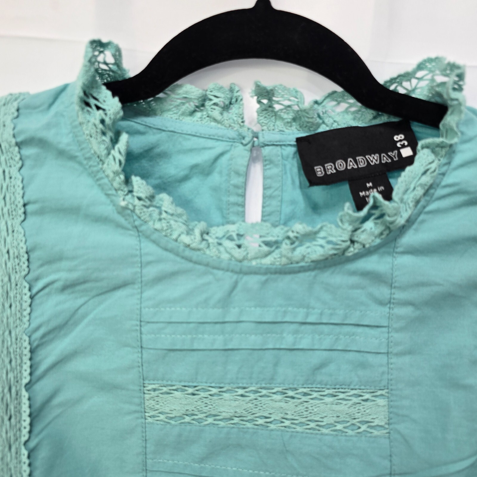 Broadway 38 High Neck Smocked Lace Blouse – Teal Blue – Women's Size M