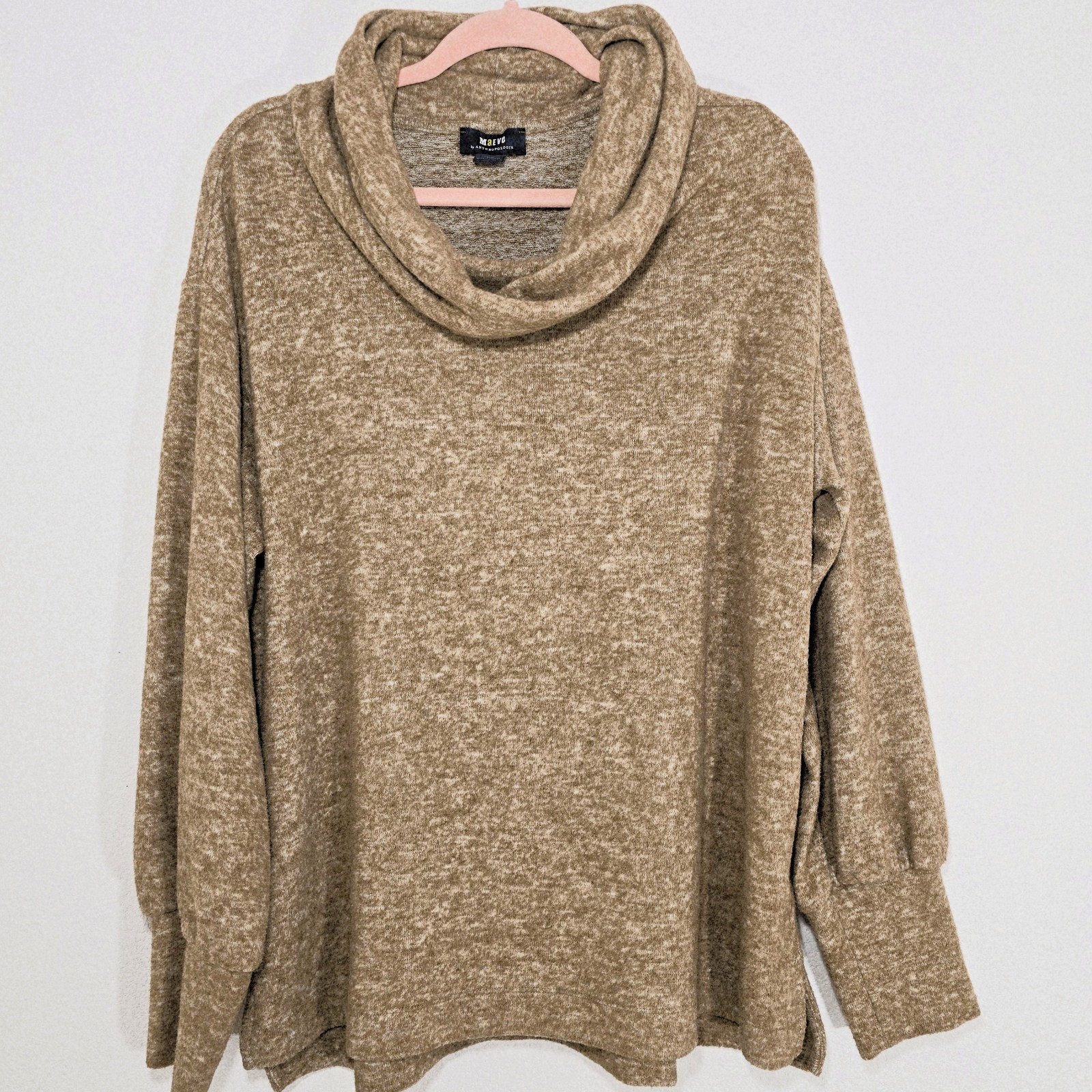 Maeve Anthropologie Soft Knit Cowl Neck Sweater Tan Bishop Sleeve Size L