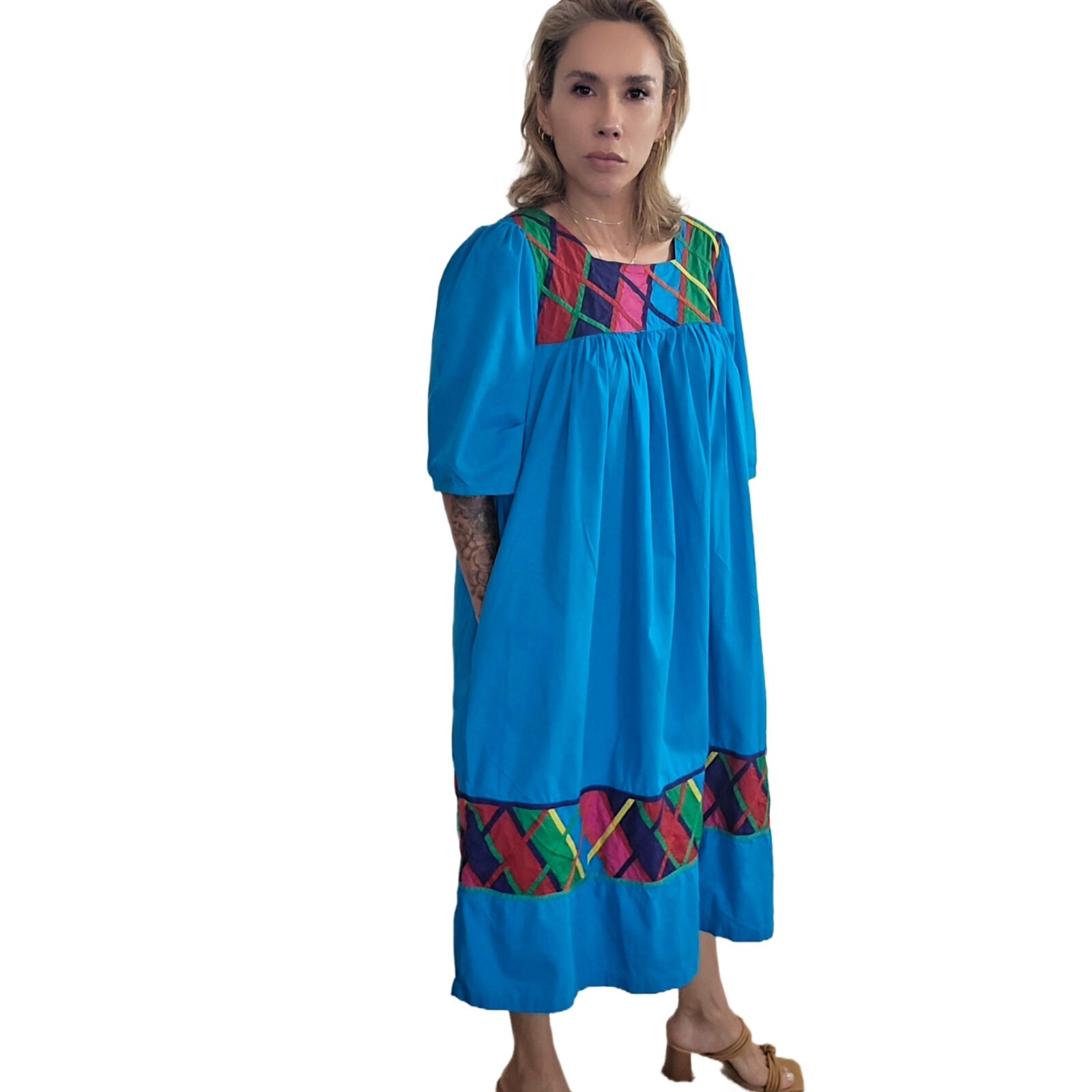 Vintage 1980s La Cera Blue Cotton Dress Size L – Embroidered Boho Midi