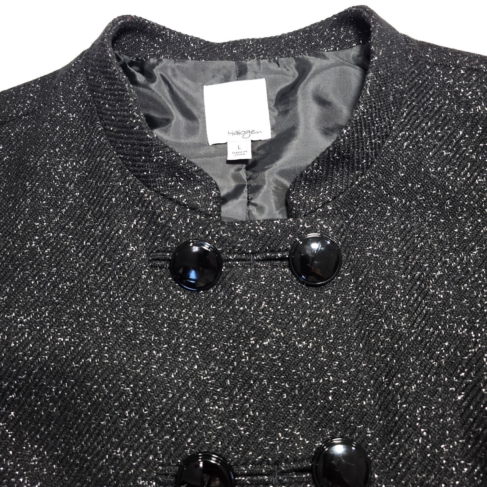 Halogen Virgin Wool Double-Breasted Black Silver Metallic Blazer Large