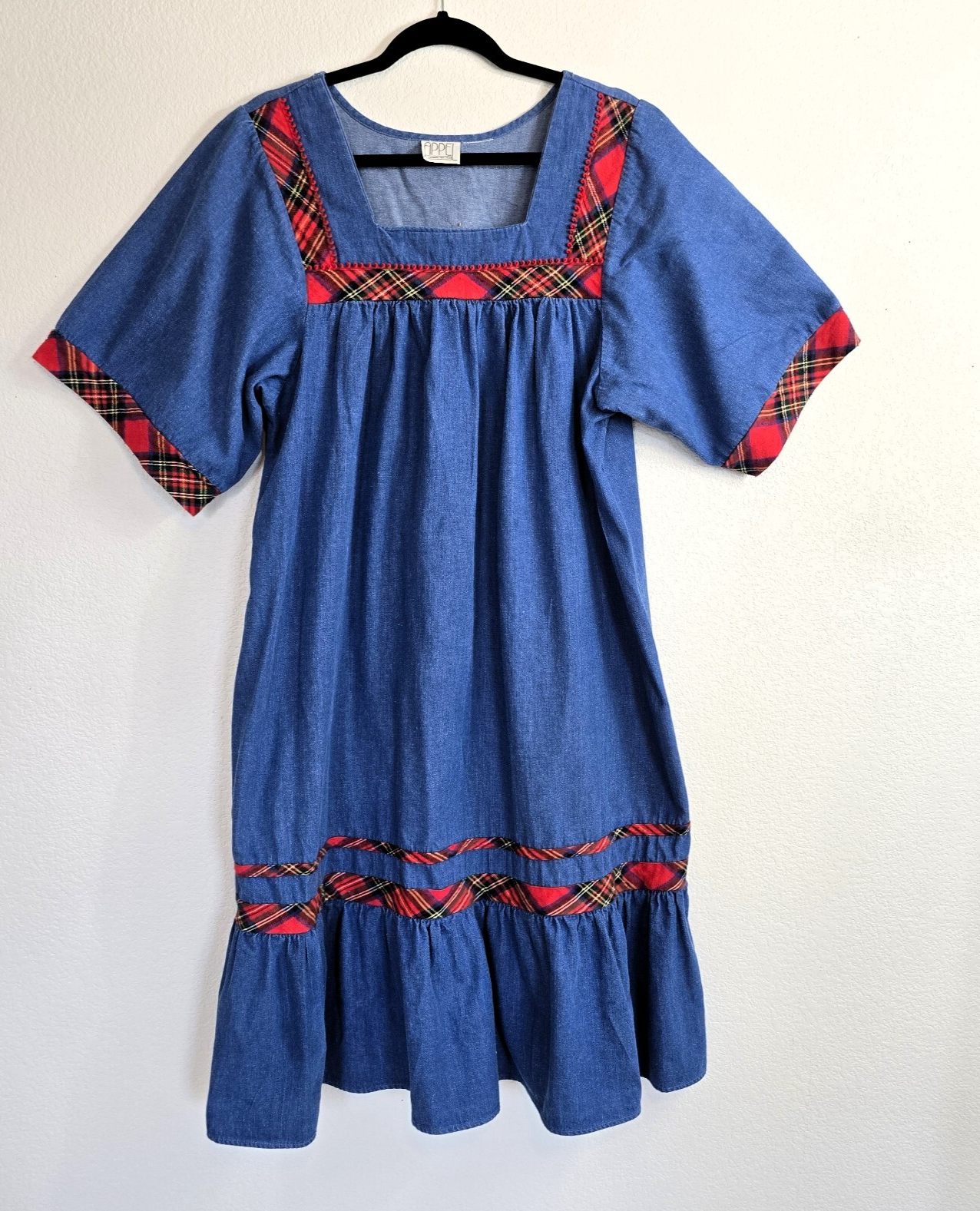 VTG 1980s Appel Denim Look Dress Boho Red Plaid Trim L/XL Grandmacore Cotton