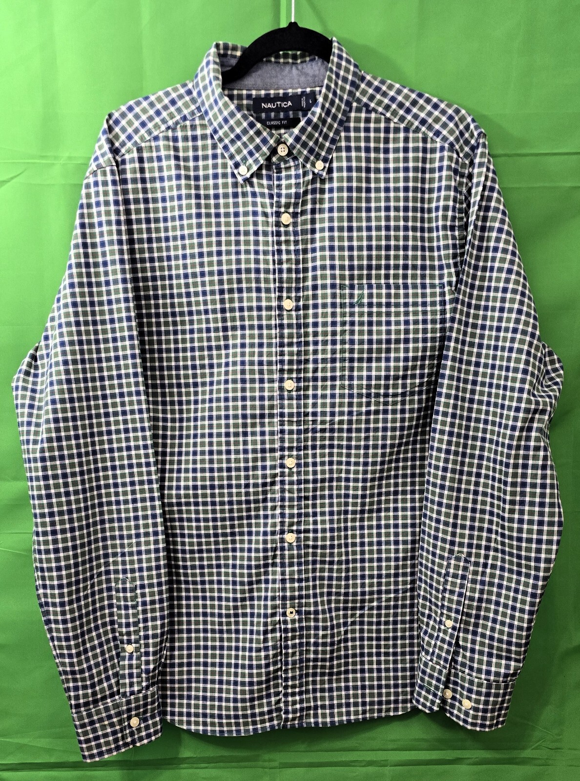 NAUTICA Mens Blue/Green Plaid Dress Shirt - Size L - Long Sleeve