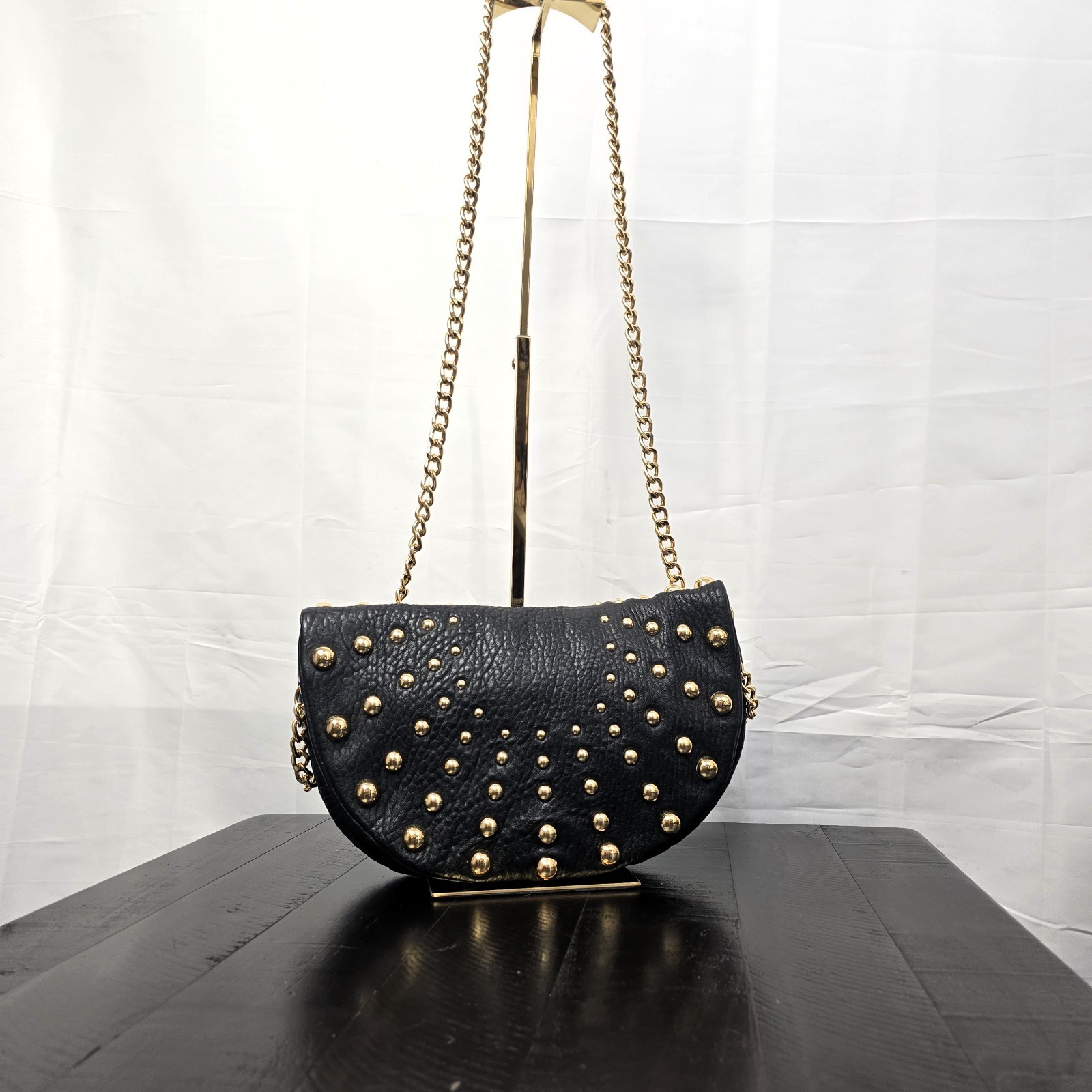 Badgley Mischka Black Leather Studded Crossbody Bag Chain Strap - Used