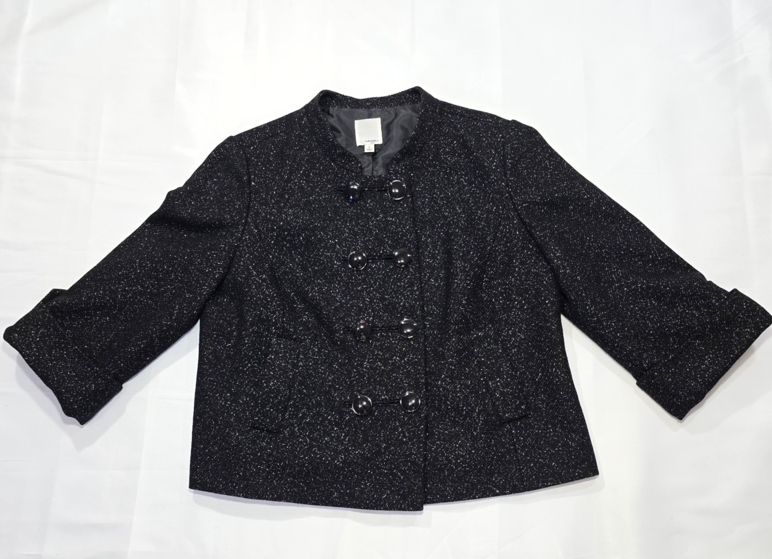 Halogen Virgin Wool Double-Breasted Black Silver Metallic Blazer Large