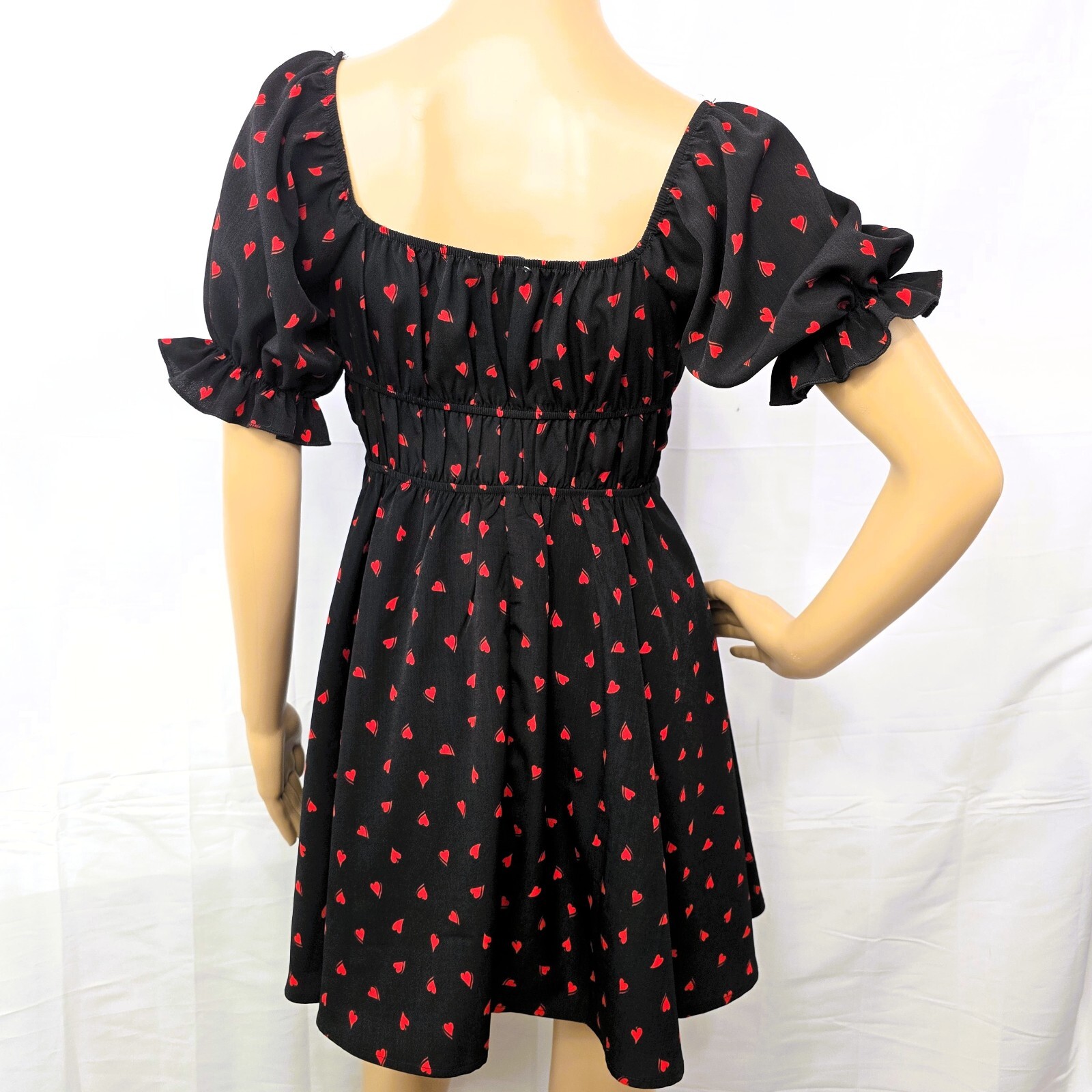 Inspired Hearts Women's Black Puff Sleeve Dress S Red Heart Print