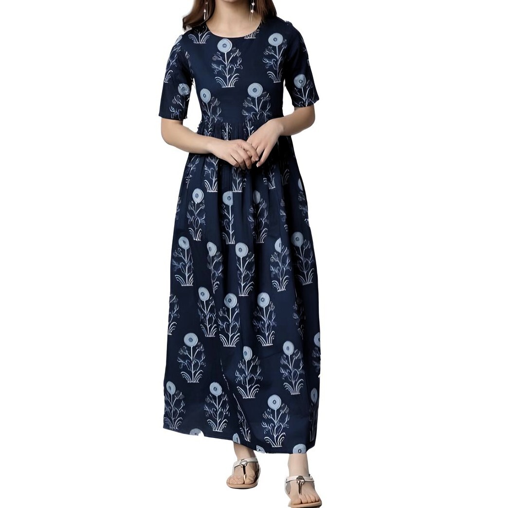 Vishudh Women’s Printed Ankle-Length Aline Dress, Blue, Size S