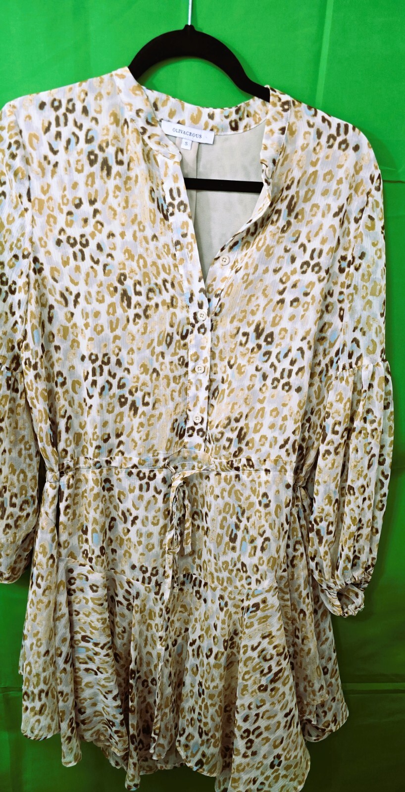 Olivaceous Women's Long Sleeve Dress (Size S): Leopard Printed Tunic V-Neck Mini