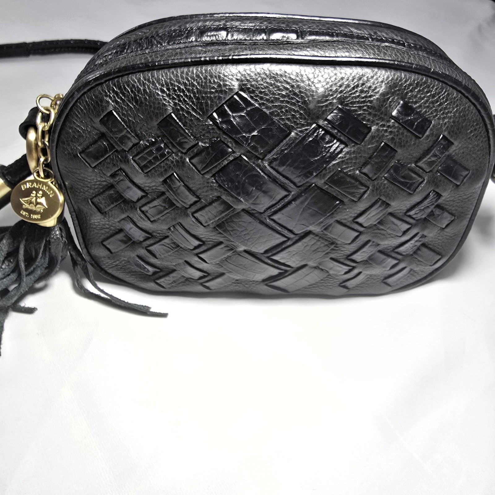 Brahmin Black Leather Multi-Texture Crossbody Bag, Gold Hardware, Key Clip