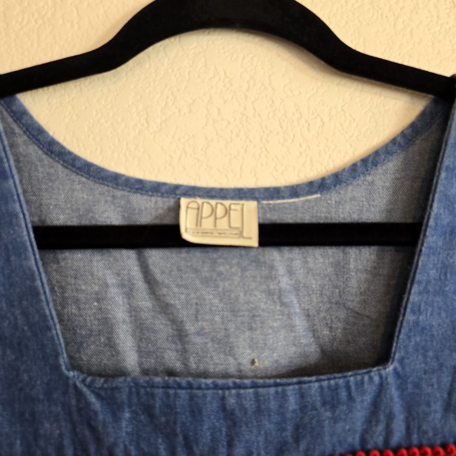 VTG 1980s Appel Denim Look Dress Boho Red Plaid Trim L/XL Grandmacore Cotton