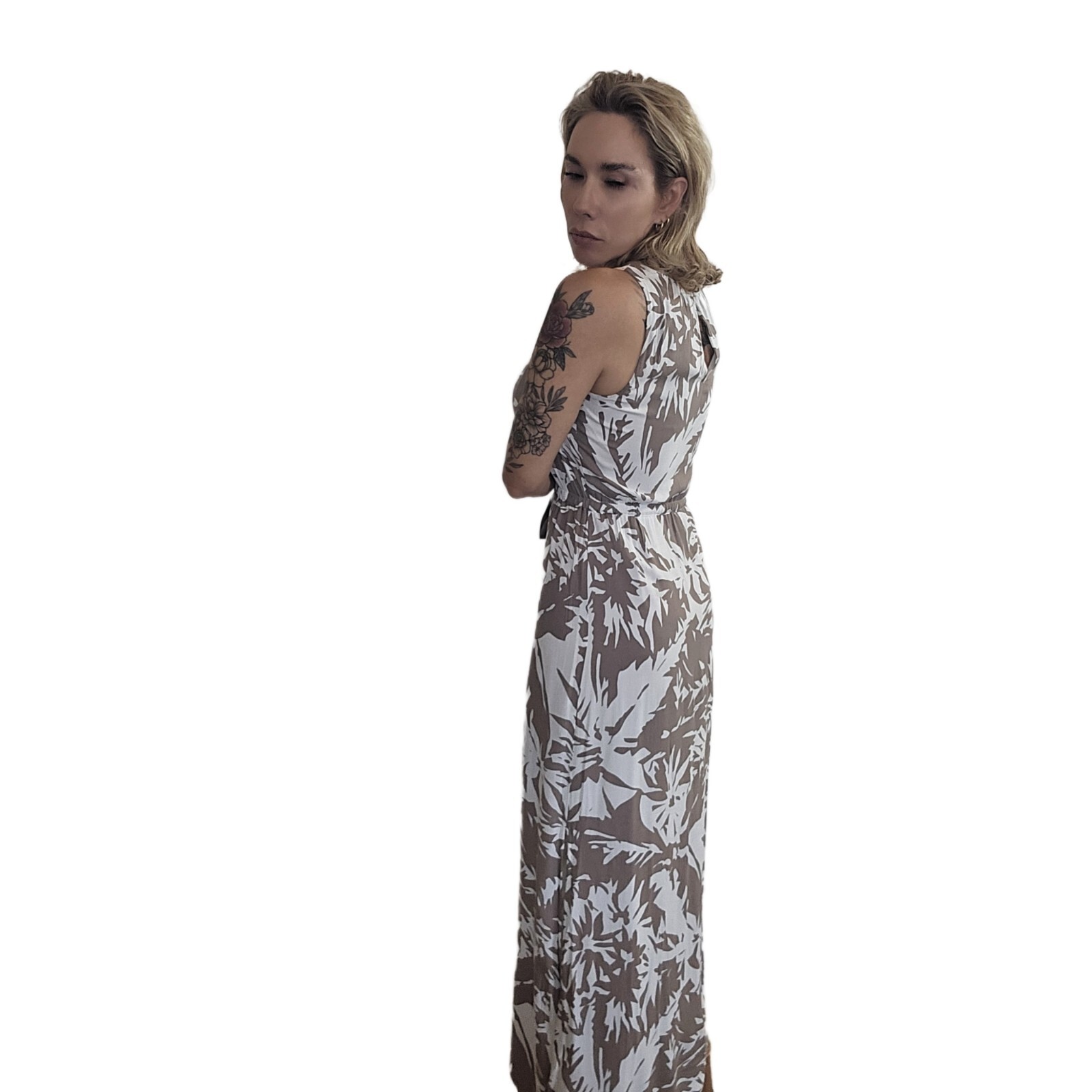 LOFT Women’s Brown White Floral Maxi Dress Sz 2 Sleeveless Tie Waist