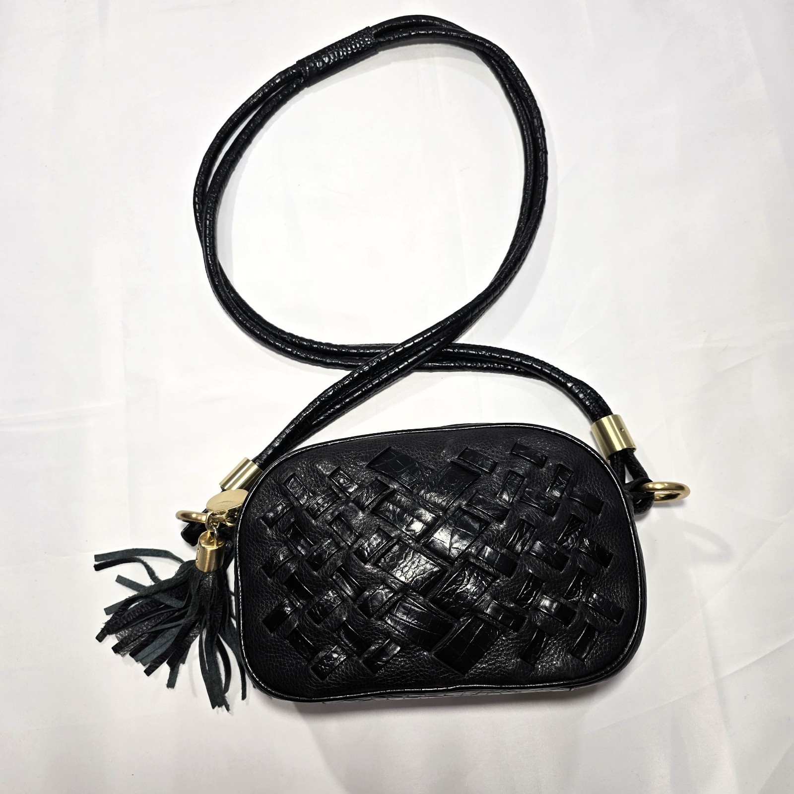 Brahmin Black Leather Multi-Texture Crossbody Bag, Gold Hardware, Key Clip
