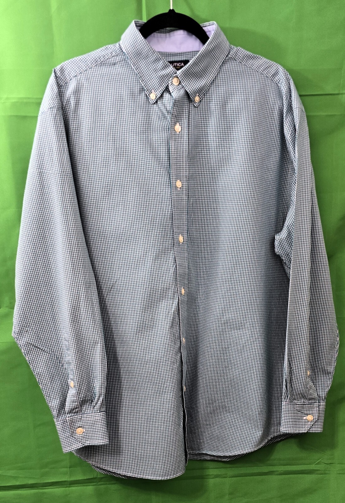 Nautica Mens Plaid Dress Shirt - Size XL Green/White - 100% Cotton - Long Sleeve