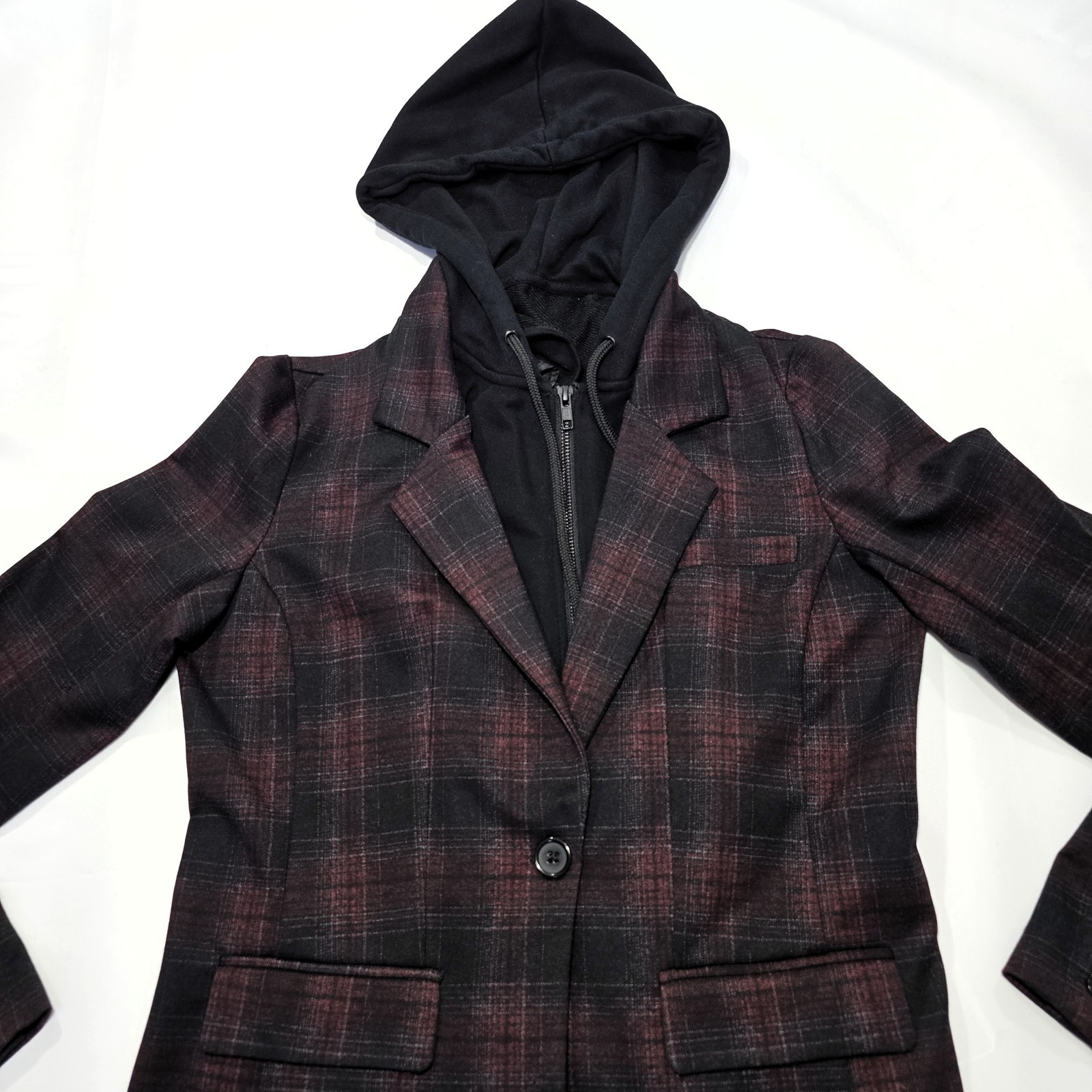 Liverpool LA Burgundy Plaid Boyfriend Blazer Size S with Removable Hoodie
