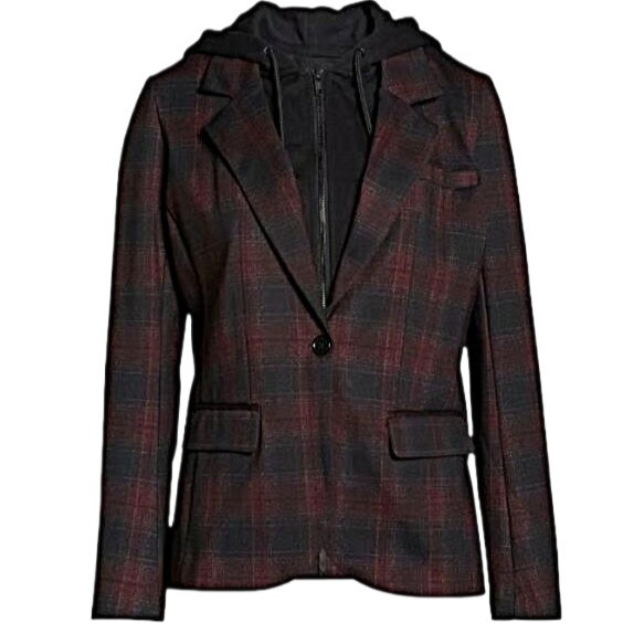 Liverpool LA Burgundy Plaid Boyfriend Blazer Size S with Removable Hoodie