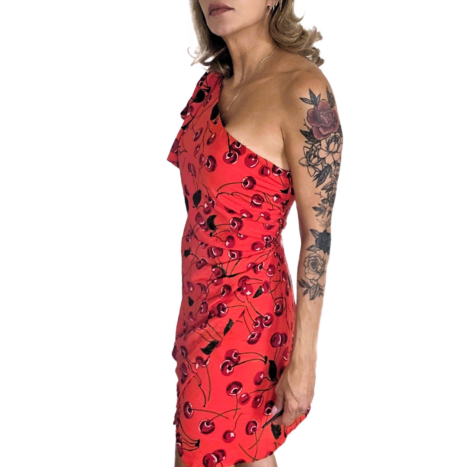 Anthropologie Maeve Cherry Print One-Shoulder Mini Dress Size 12