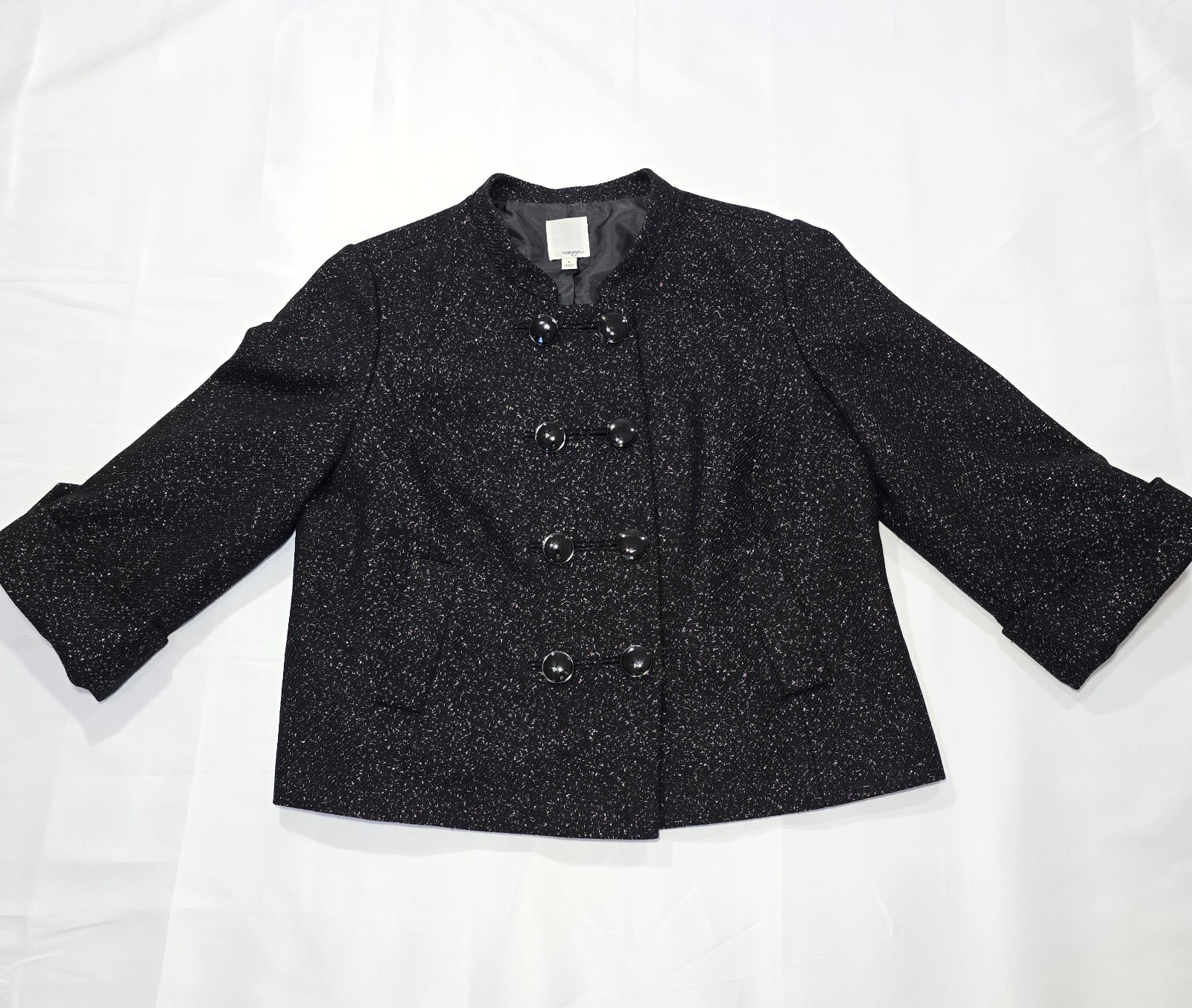 Halogen Virgin Wool Double-Breasted Black Silver Metallic Blazer Large