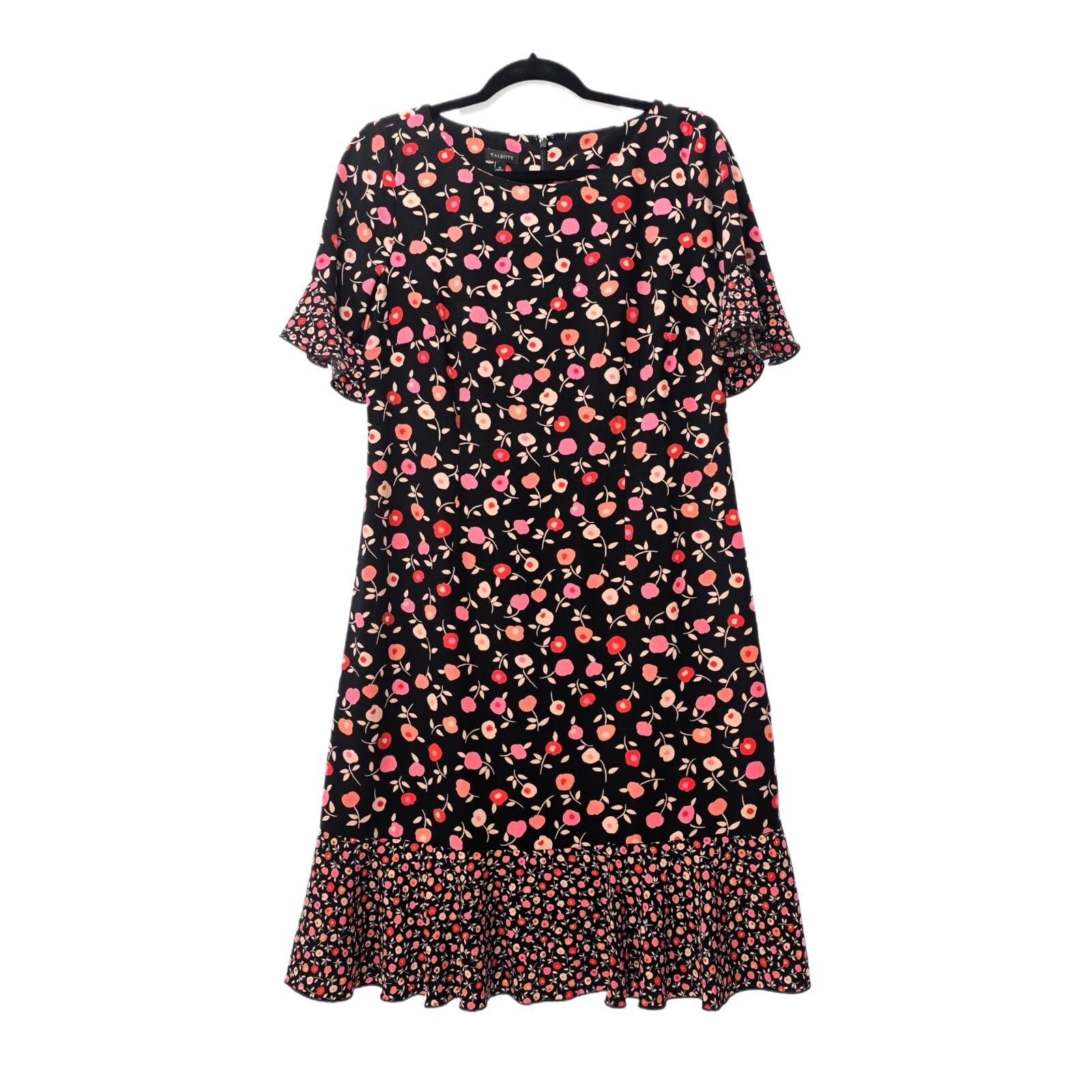 Talbots Women’s Floral Jewel Neck Shift Dress – Black with Ruffle Hem | Size 6