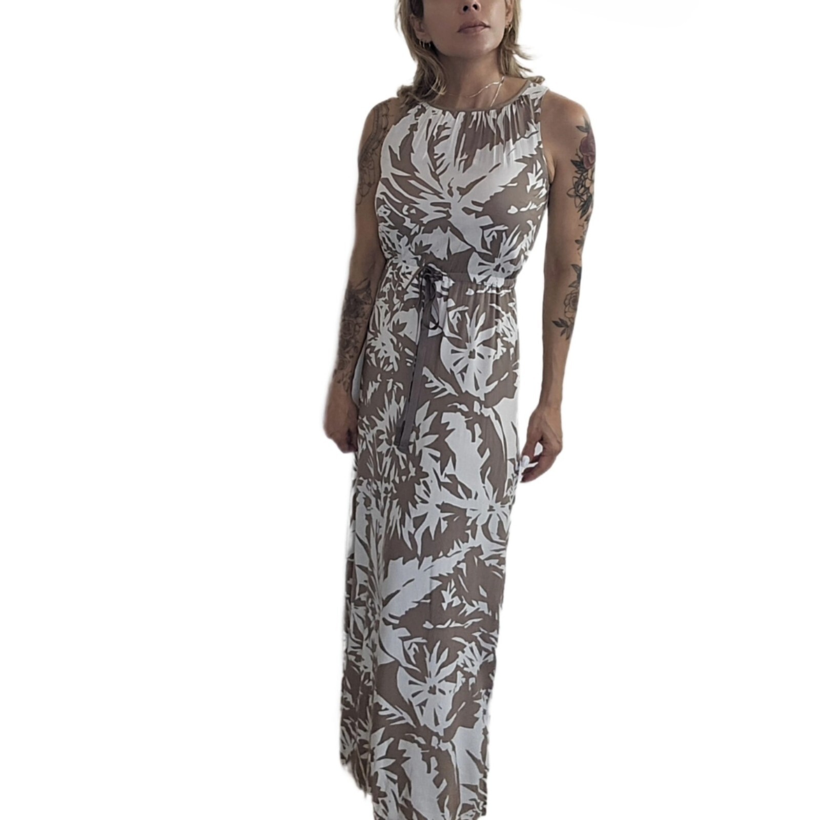 LOFT Women’s Brown White Floral Maxi Dress Sz 2 Sleeveless Tie Waist