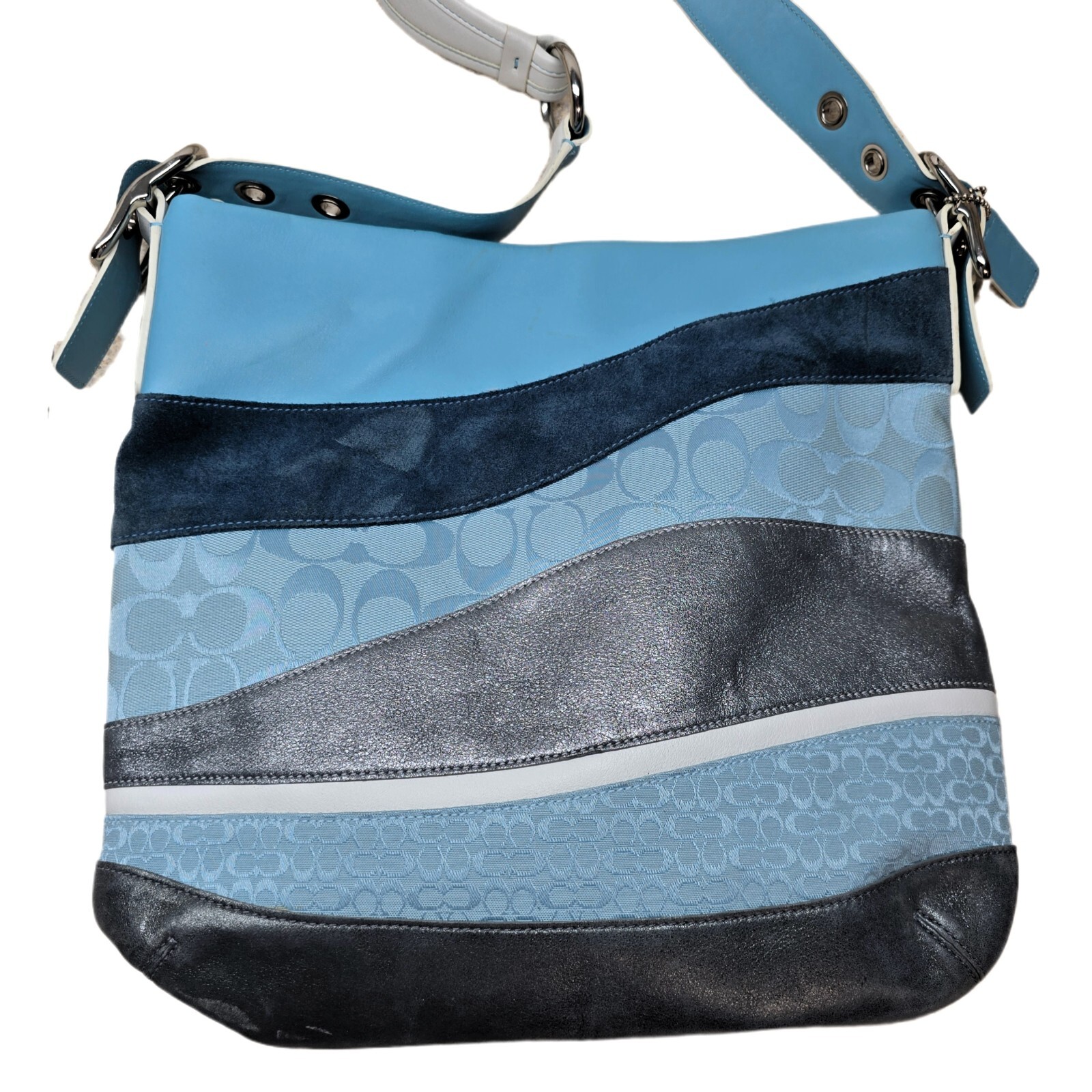Coach Vintage Signature Wave Duffle Patchwork Hobo Bag – Blue #10653 – RARE